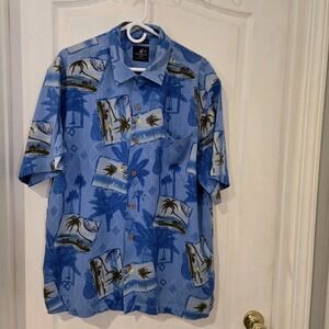 Caribbean Joe Island Supply Co Blue Tropical 100% Silk Size Large Hawaiian Shirt